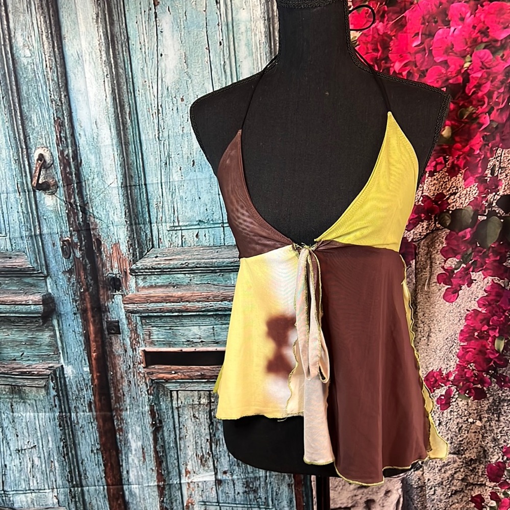 small brown and green halter top (sheer on bottom)